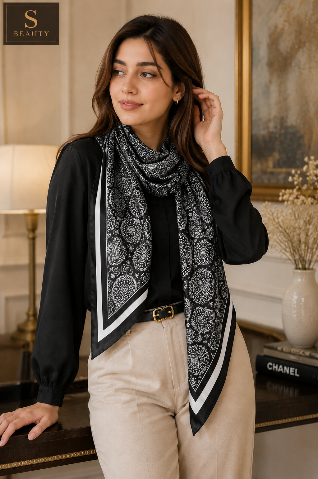 Silk Satin Printed Hijaab / Scarf / Stole - Black