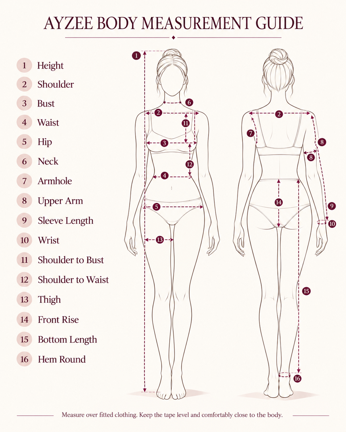 Ayzee body measurement guide showing front and back body measurements