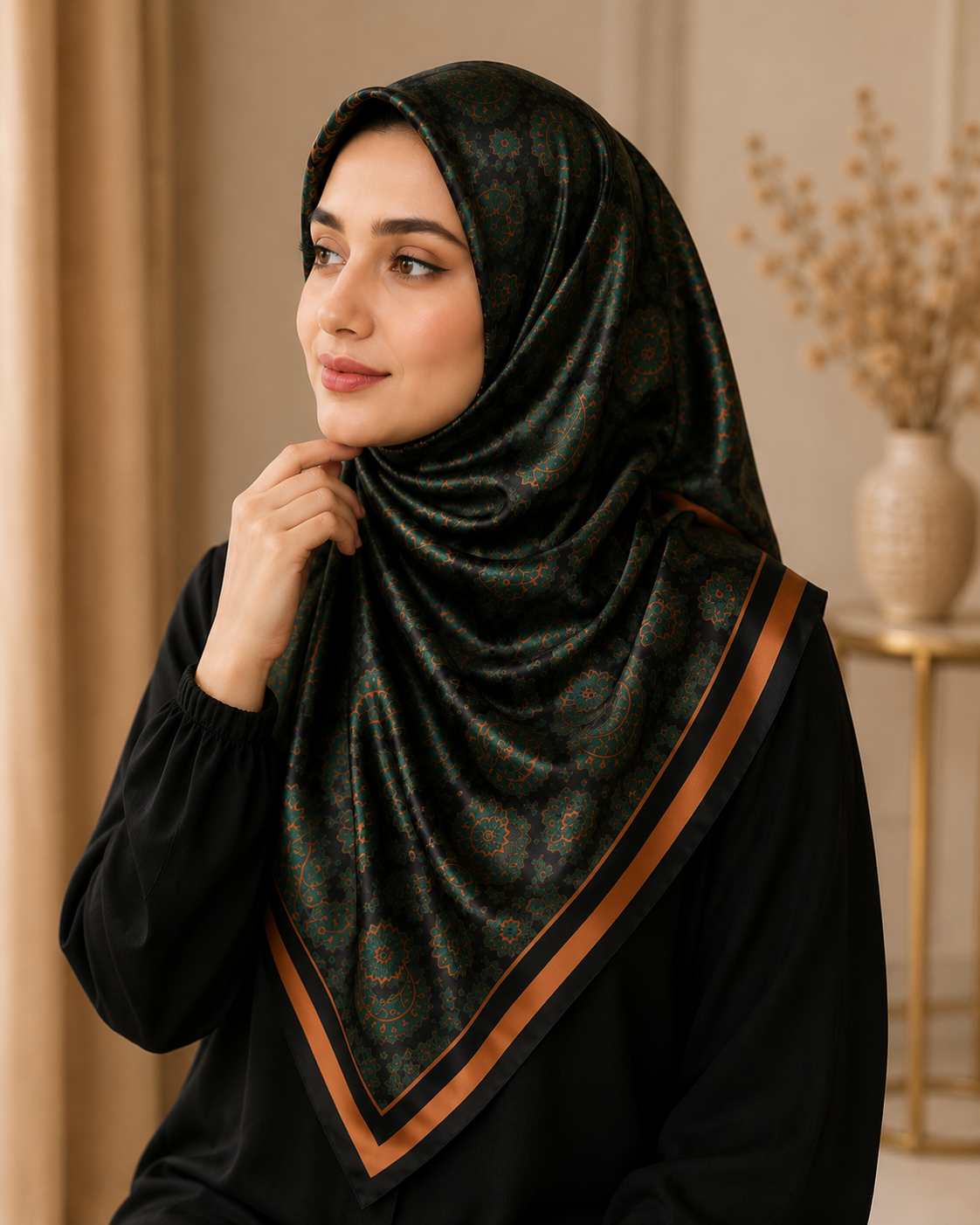 Silk Satin Printed Hijaab / Scarf / Stole Green
